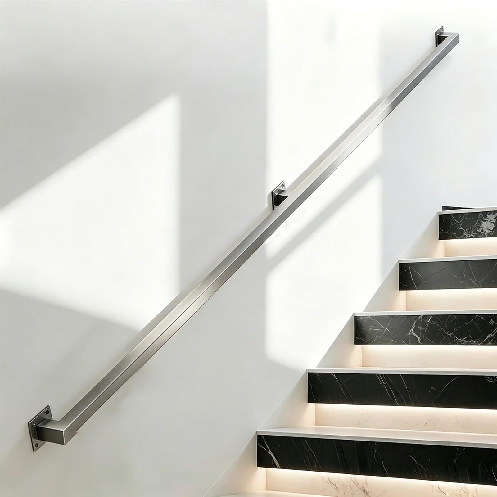 Modern Staircase Handrails, 30cm-600cm Stainless Steel Banister Brackets Silver Wall Support Square Pipe Grab Bar, Safety Hand Rail for Home Corridor Lofts Deck(8ft/2.4m)