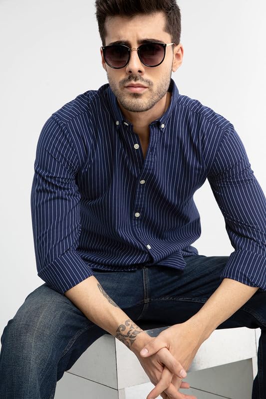Image of SNITCH Lining Navy Spread Collar Stripe Slim Fit Shirt