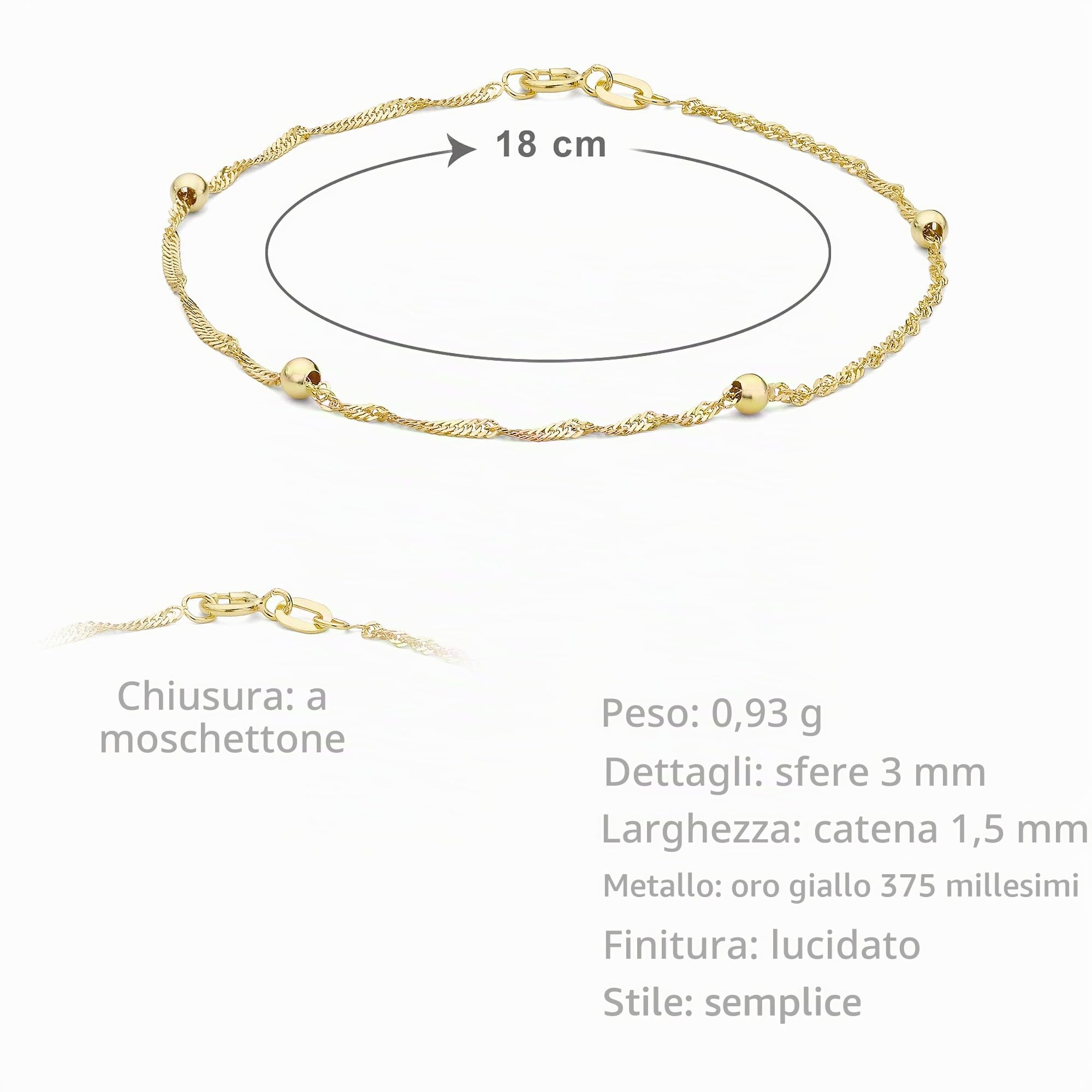 CARISSIMA Bracciale da donna in oro giallo 9 ct con catena curb twist e sfere da 3 mm, 18 cm