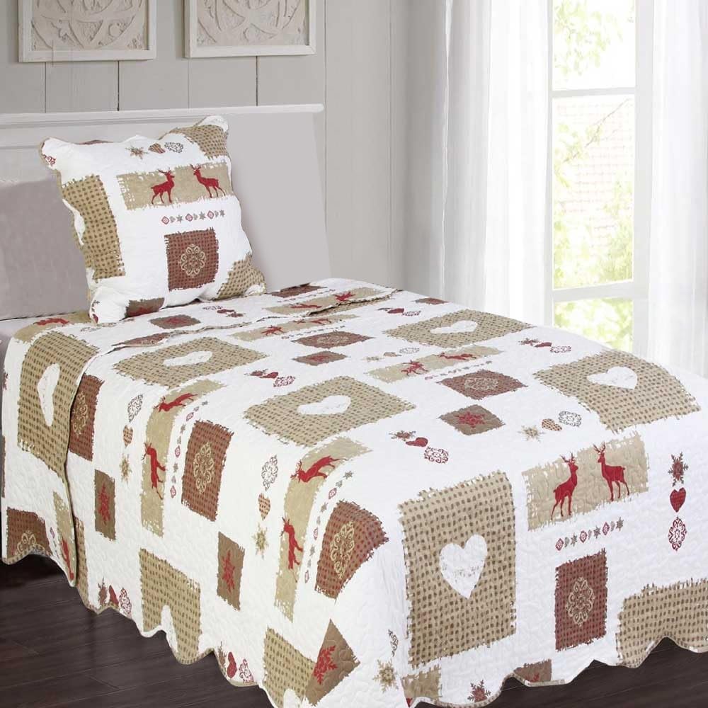 Boutis Montagne Mégève 180x240 cm + taie 65x65 - Couvre lit Ambiance Chalet, déco Cosy et qualité supérieure