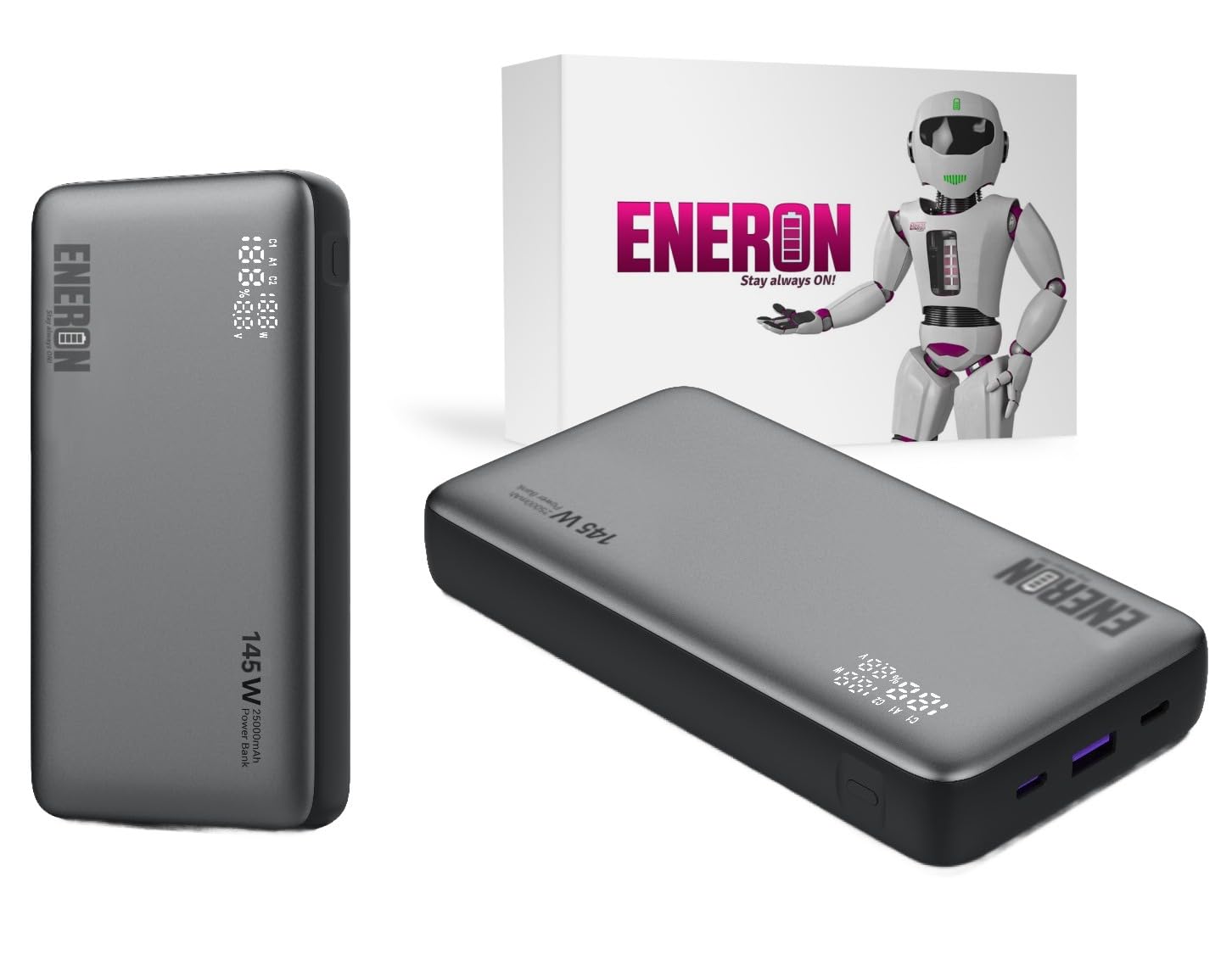 Powerbank ENERON 145 W, 25000 mAh, ładowarka do szybkiego ładowania, 2 x USB-C USB-A, zestaw akumulatorów, przenośny