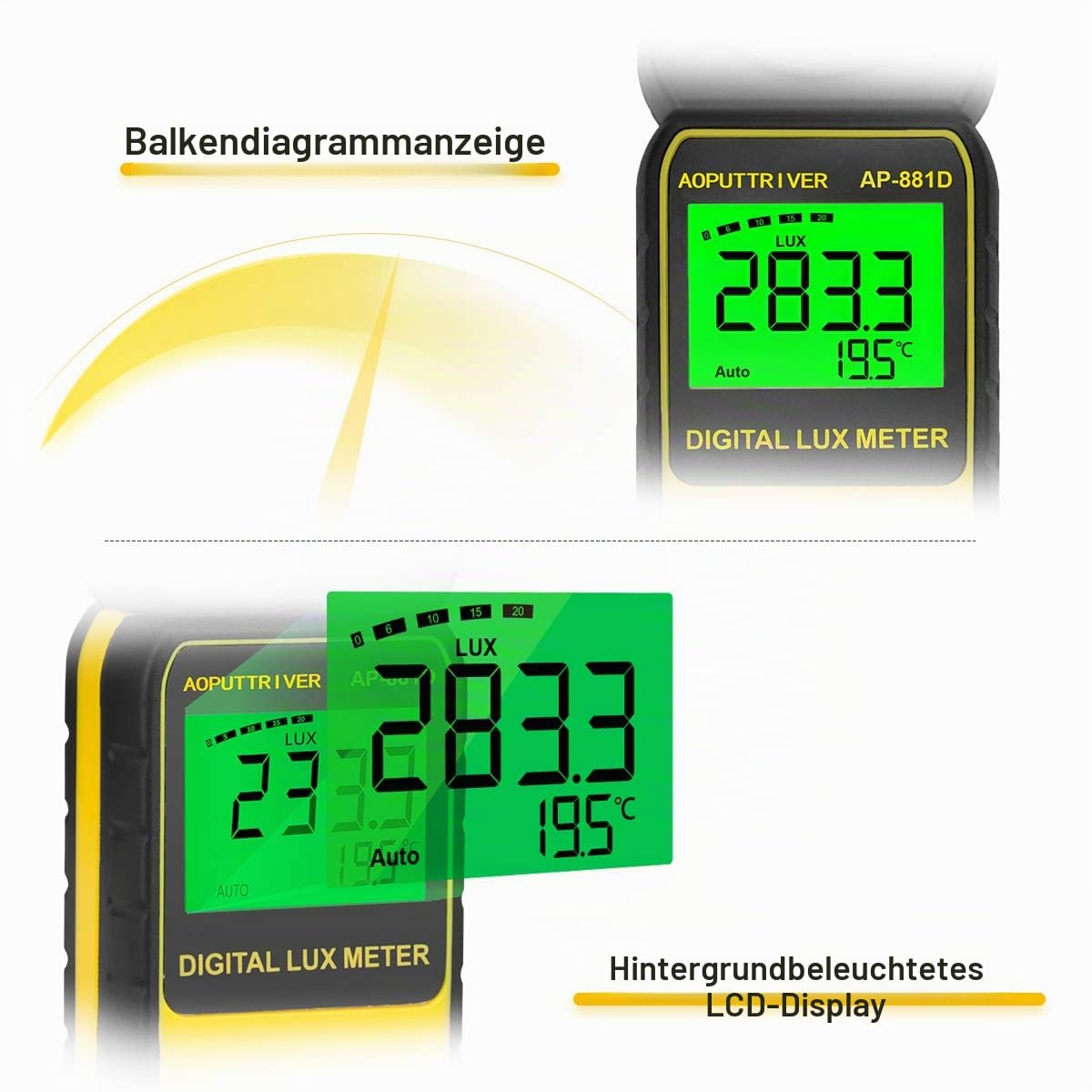 Digital Luxmeter, Belichtungsmesser, Tragbare Photometer AP-881D Lichtmesser mit Bereich bis zu 400,000 Lux mit um 270° drehbarem Detektor für LED-Licht und Zuchtpflanze(Gelb)