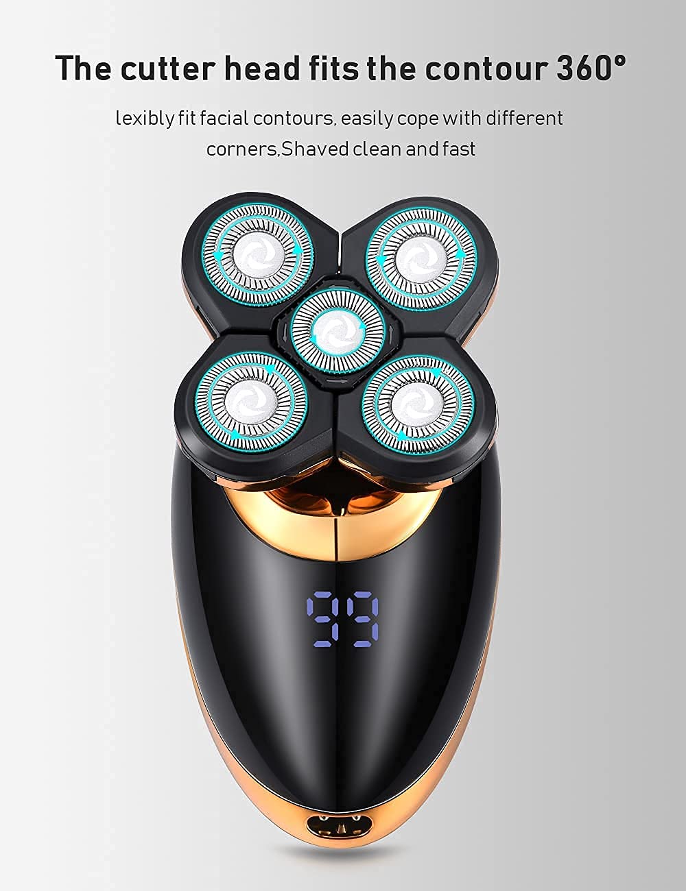 Afeitadora de cabeza eléctrica 5 en 1 para hombres calvos – Afeitadora de cabeza para hombres – Anti-pellizco – Diseño ergonómico – inalámbrico y recargable. (dorado)