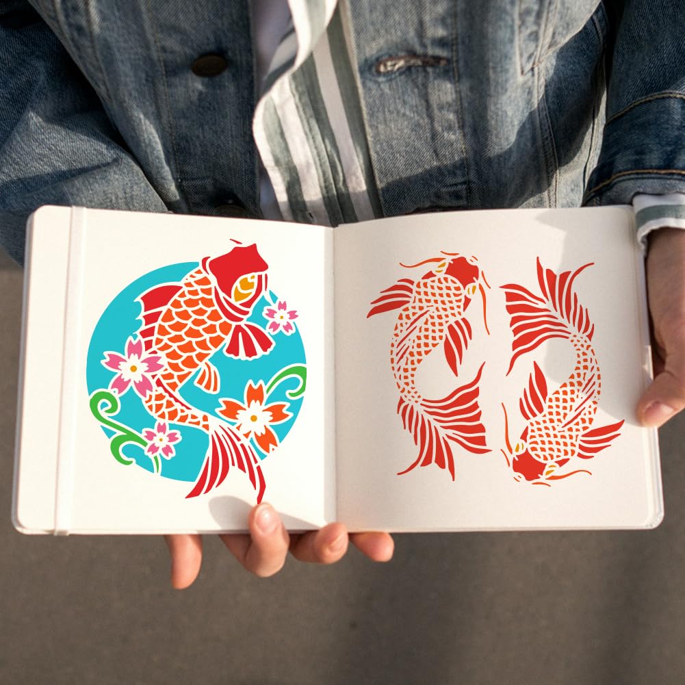 FINGERINSPIRE 12 plantillas de pintura de peces koi con 1 pincel de plástico reutilizable, 12 estilos, plantilla decorativa de peces orientales, plantilla Koi de la suerte para pintar en pared,