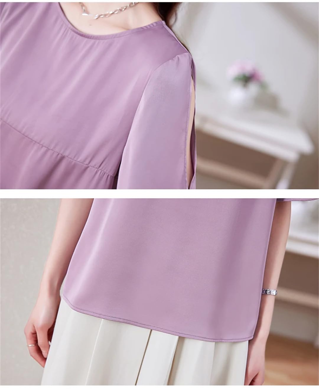 Chemisier d'été en satin pour femme - Manches courtes - Col rond - Couleur unie