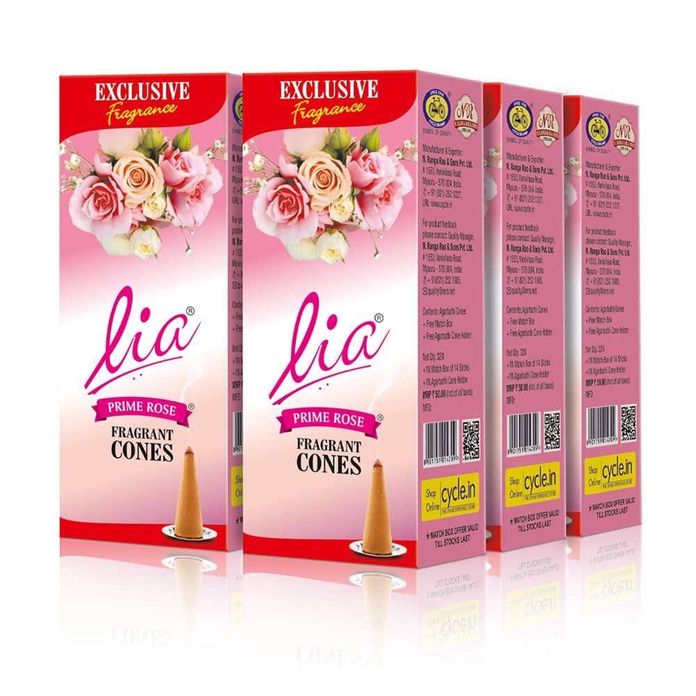 Lia Prime Rose Fragrant Cones with Velvety Rose Fragrance for Daily Puja, Meditation, Homa/Havan – Pack of 6 (32 per Pack)