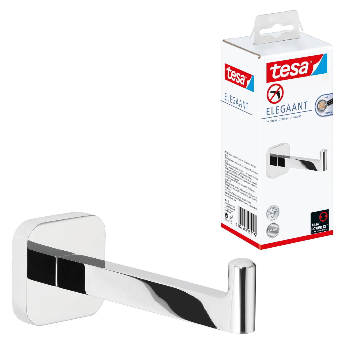 tesa ELEGAANT Ersatzrollenhalter für Toilettenpapier, verchromt - zur Wandbefestigung ohne Bohren, inkl. Klebelösung - 50 mm x 50 mm x 128 mm