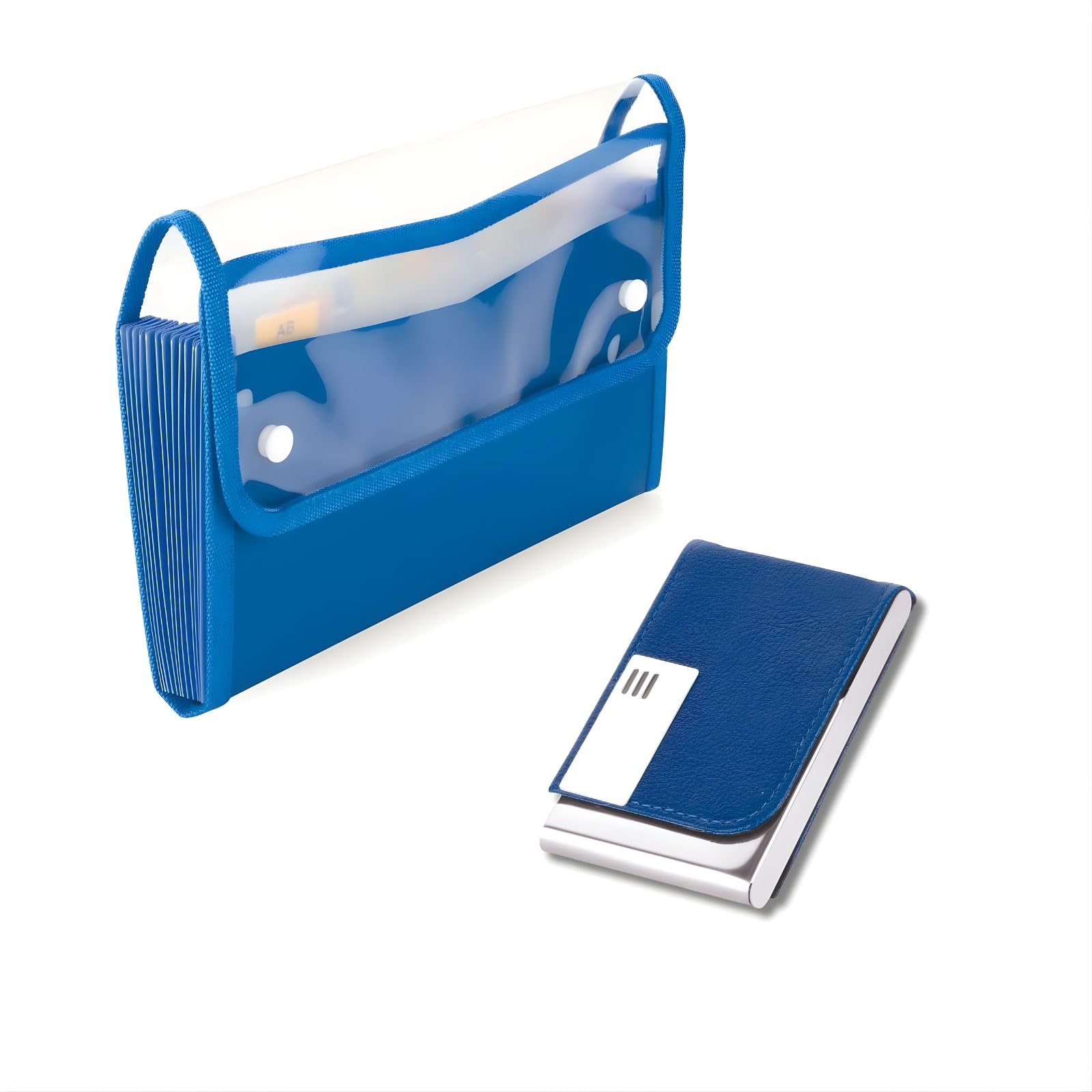 Expanding File A6 Cheque Book Holder Case 13 Pocket Multi Passbook Holder + Vertical Visiting Card Holder, PU Leather and Stainless Steel Credit Card Wallet .(Blue)-image-18