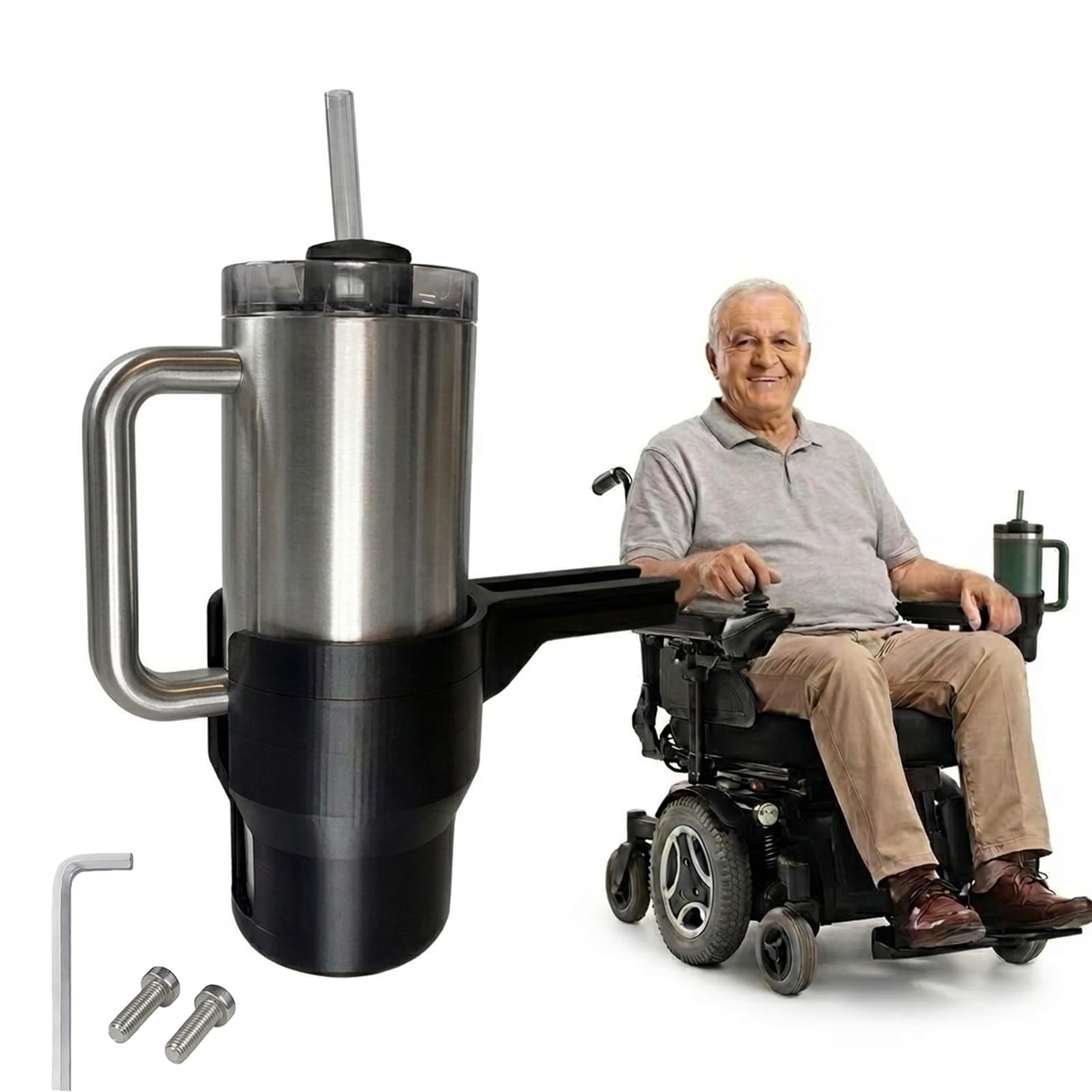 Wheelchair Cup Holder for Permobil Uni-Track,Secure T-Slot Mount,Includes Mounting Screws,Fits Secure Drink Carrier for 40oz Tumblers,Water Bottles & Coffee Mugs,Easy Install,Stable Movement