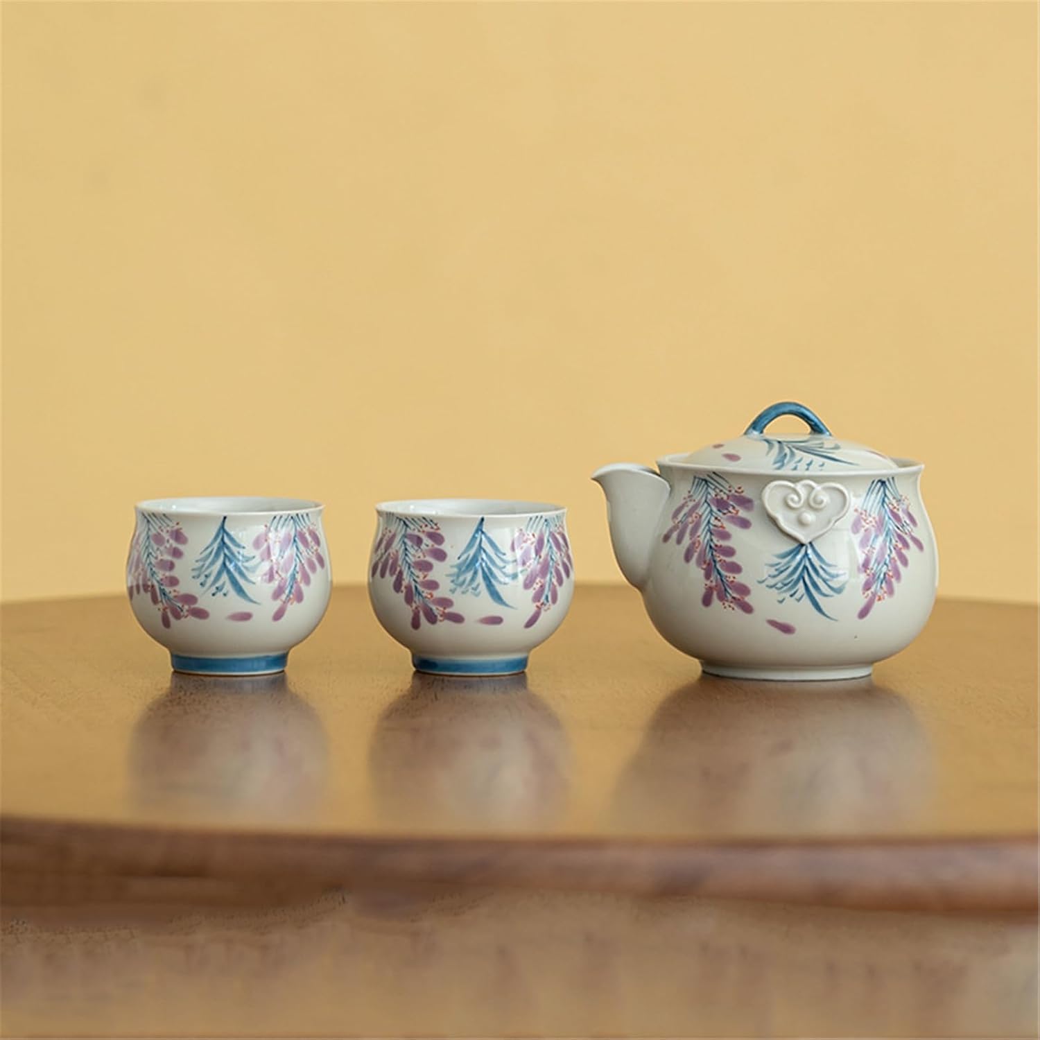 Portable Camping Tea Set Includes 1 Teapot and 2 Hand-Painted Ceramic Cups - Durable Design-set2