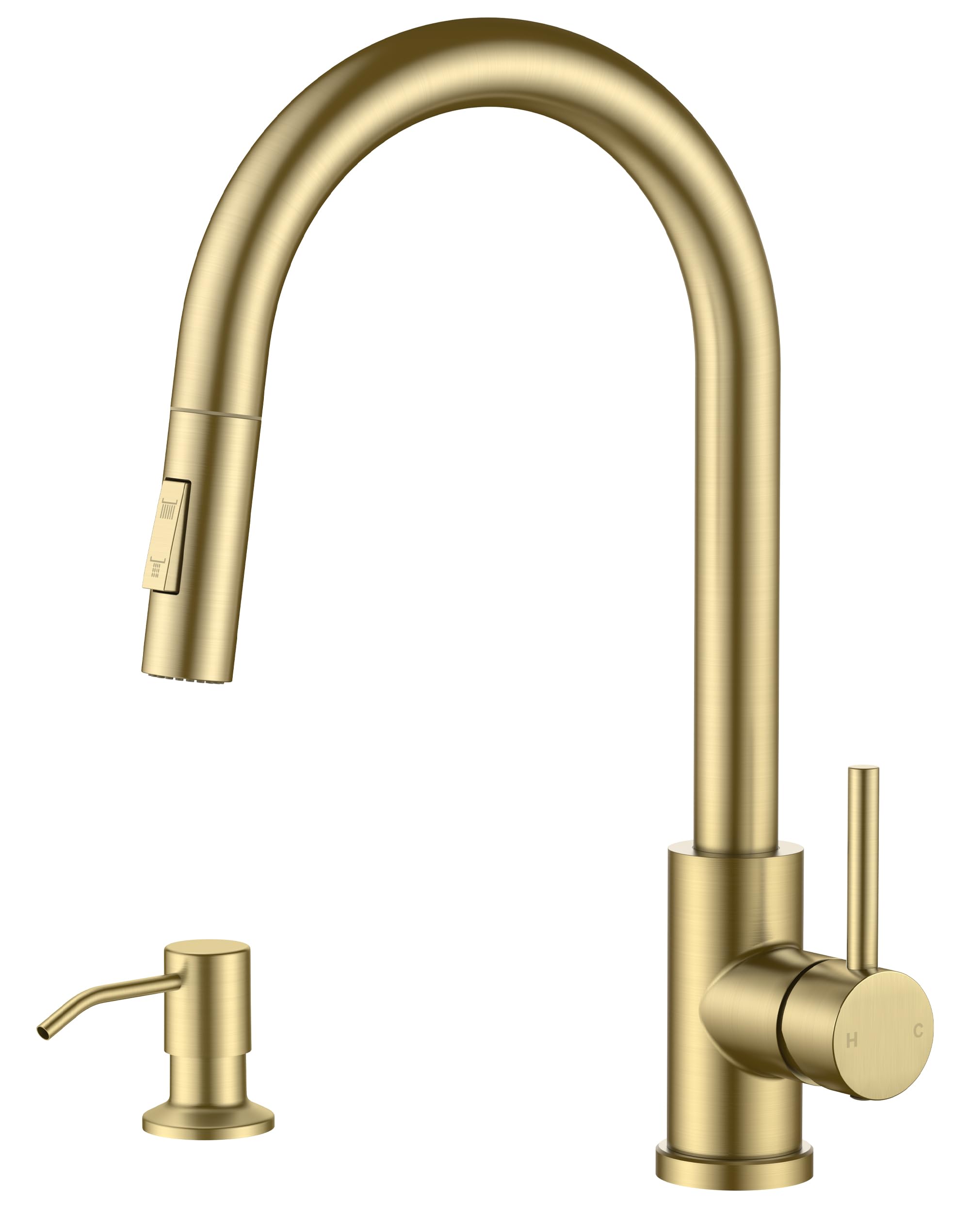 FORIOUS Pull Down Kitchen Faucet with Soap Dispenser, Brushed Gold