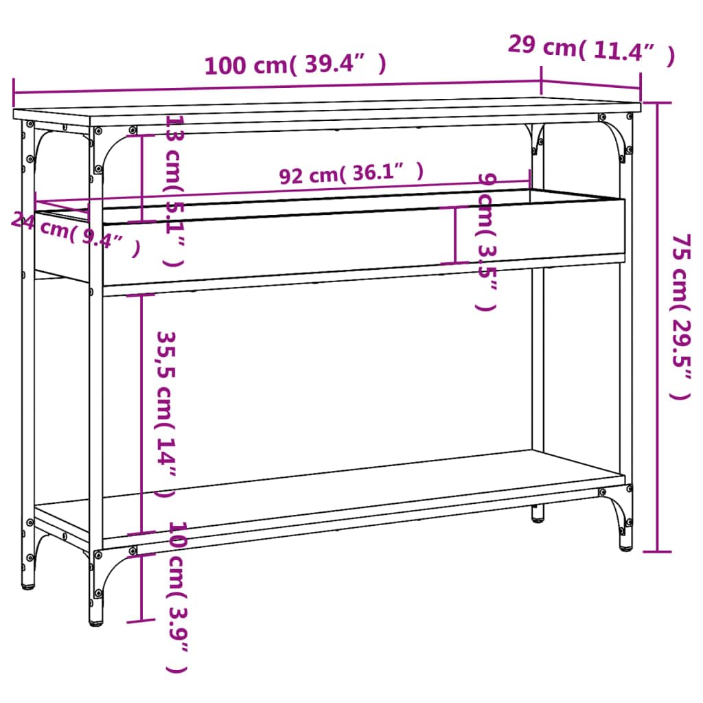 Tavolo consolle con ripiano, grigio Sonoma, 100 x 29 x 75 cm, in