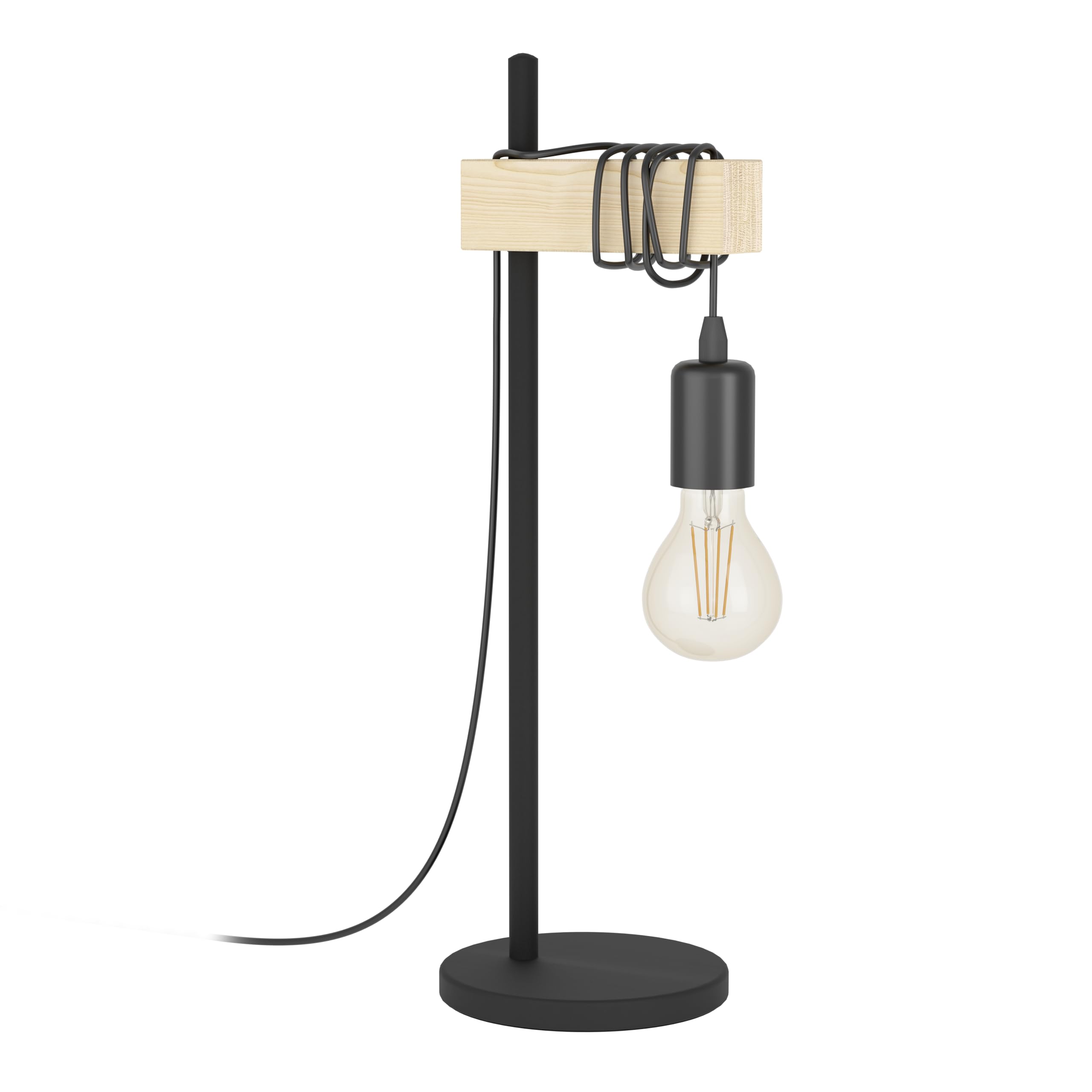 EGLO Lámpara de Mesa Townshend, lámpara Retro Vintage y Industrial, lámpara de mesita de Noche de Acero y Madera, Negro, marrón, Casquillo E27, Incl Interruptor, Certificado FSC