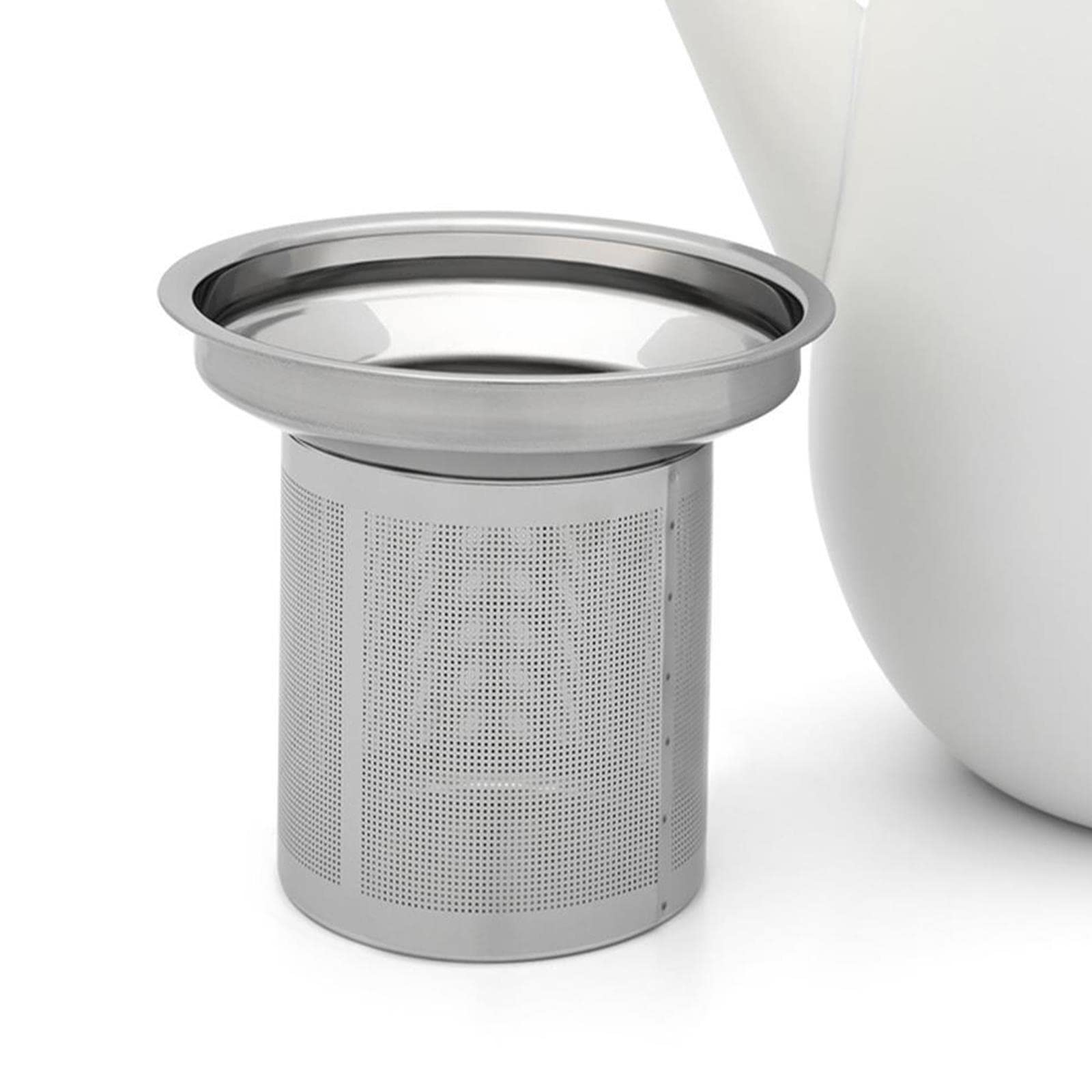 Bredemeijer doppelwandige Teekanne 1.1 Liter - weiße Edelstahl Kanne mit Glasdeckel - Tee-Filter Sieb-Einsatz & schwarzen Holzuntersetzer - ideal für losen Tee