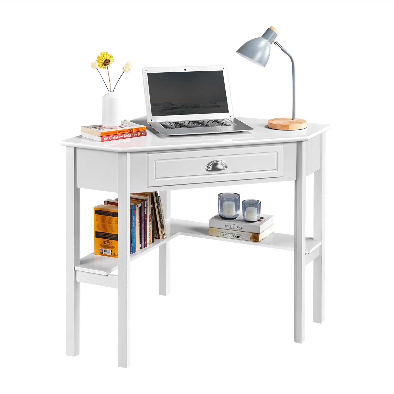 Yaheetech Scrivania Angolare per Computer Desktop Computer in Legno con Cassetto e Ripiano Portaoggetti per Postazione di Lavoro Elegante 106 × 71,5 × 76,5 cm Bianco