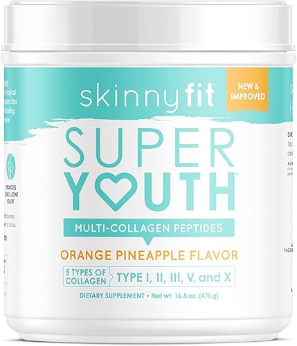 SkinnyFit Super Youth - Péptidos de colágeno múltiple más vinagre de sidra de manzana, ácido hialurónico y vitamina C, sabor a piña naranja, soporte