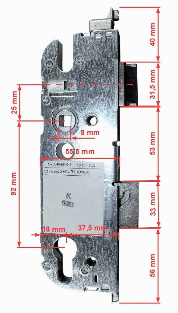 GU Secury Reparatur Schlosskasten Hauptschloss 6-30845-DC-0-1 oder auch K-20046-EF-0-1, Dornmaß: 40mm (37,5mm) / Entfernung: 92mm, incl. SN-TEC® Montagematerial & SN-TEC® Montageanleitung