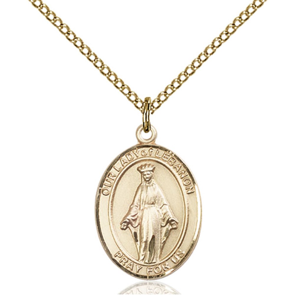 Bonyak Jewelry Saint Medal Collection Custom Engraved Gold Filled Our Lady of Lebanon Pendant 3/4 x 1/2 inches with Gold Filled Lite Curb Chain