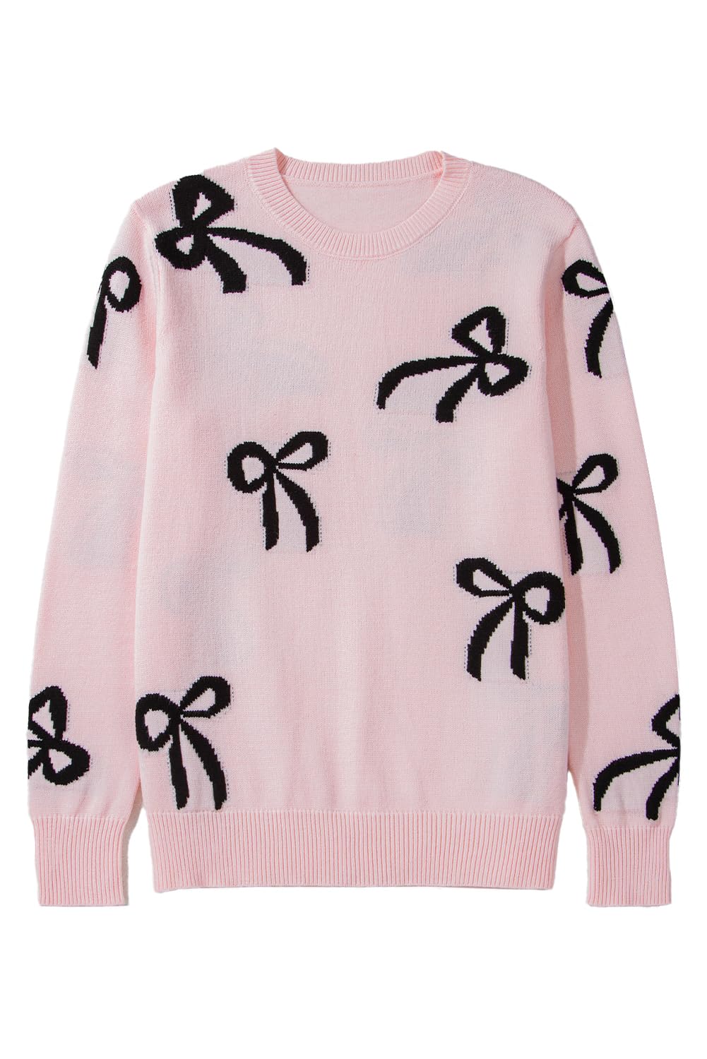 Womens Light Pink Bow Pattern Knitted Loose Fit Sweater for Casual Style