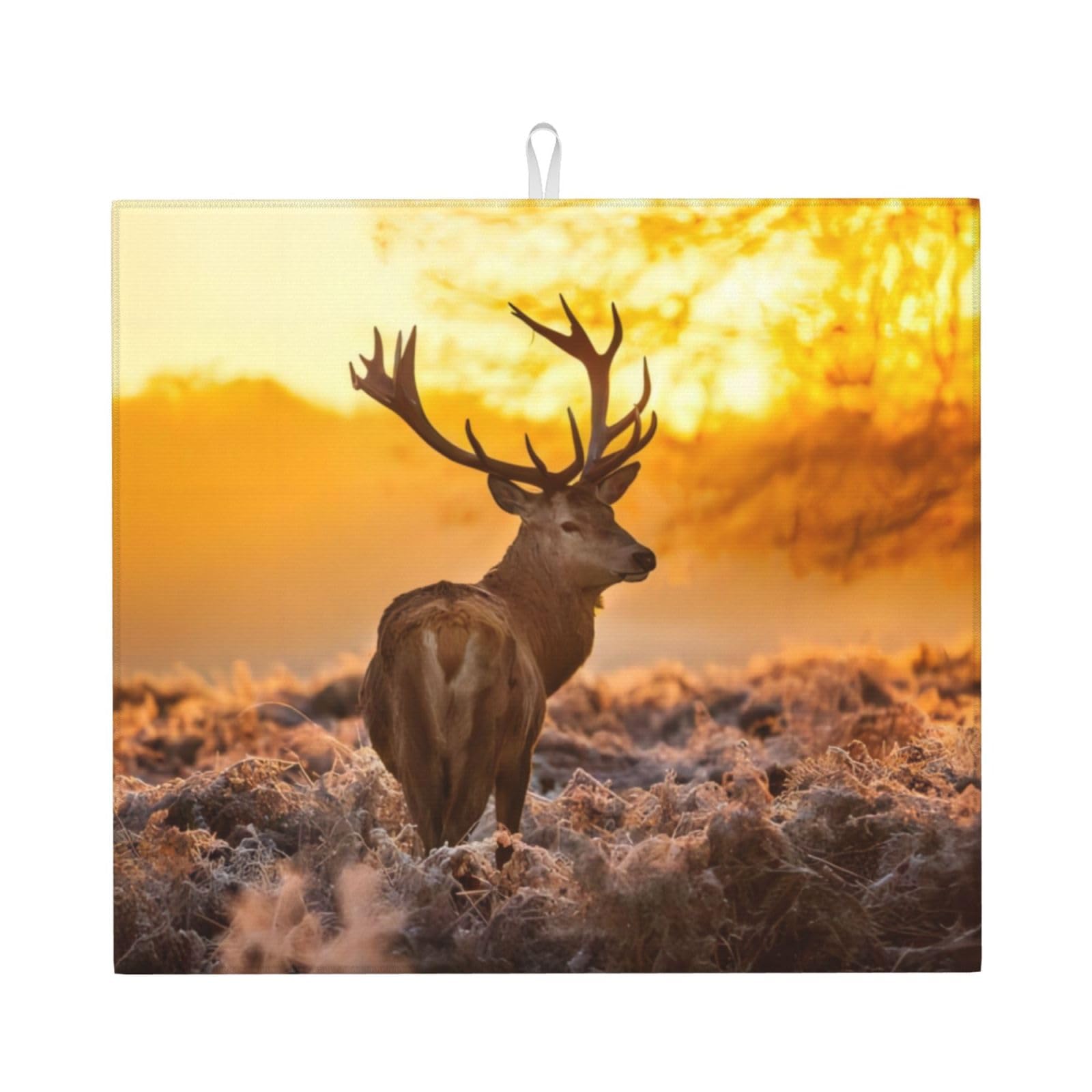 YYHWHJDE Antler Red Deer Prints Kitchen Drying Mat – Absorbent Microfiber Throw for Dishes, Non-Slip Counter Cover, Quick-Dry Layer with Durable Construction