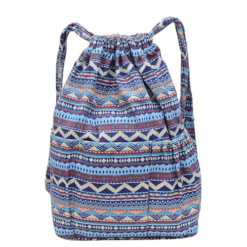 CRGANGZY Damen Bohemian-Rucksack mit Kordelzug, Ethno-Stil, Segeltuch, Retro-Blumenrucksack, große Kapazität, Vintage-Rucksack mit Kordelzug, Outdoor-Tagesrucksack (blau)