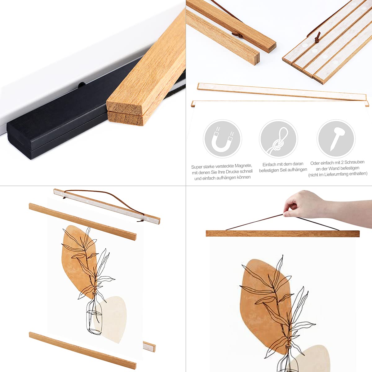 Sanauto Set of 4 A2 Poster Strips, Poster Rail, Magnetic Wooden Poster Hanger, Frame Strips, Picture Frame, 42 x 30 cm - Image 2