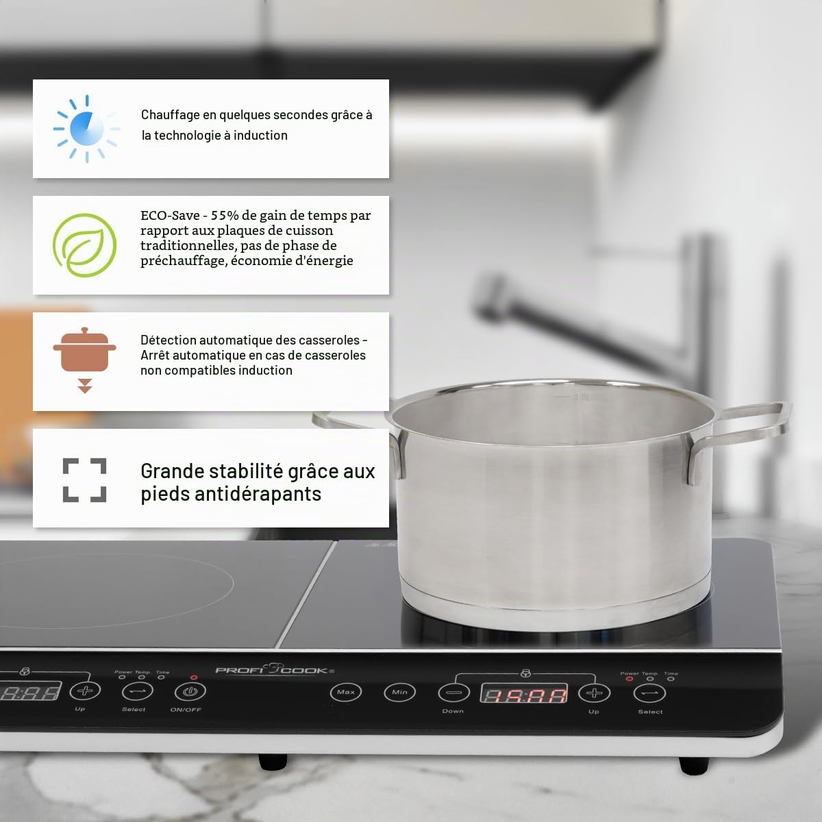 ProfiCook® table de cuisson à induction avec surface en vitrocéramique | 2 plaques | plaque de cuisson avec minuterie 180 min & 16 niveaux | avec arrêt automatique | 3500 W | PC-DKI 1067