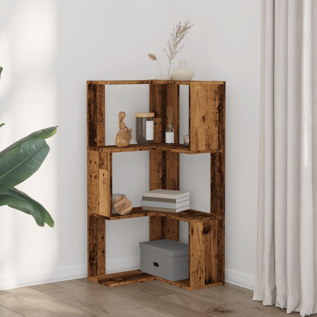 Libreria angolare a 3 ripiani, in legno anticato, 50 x 50 x 102