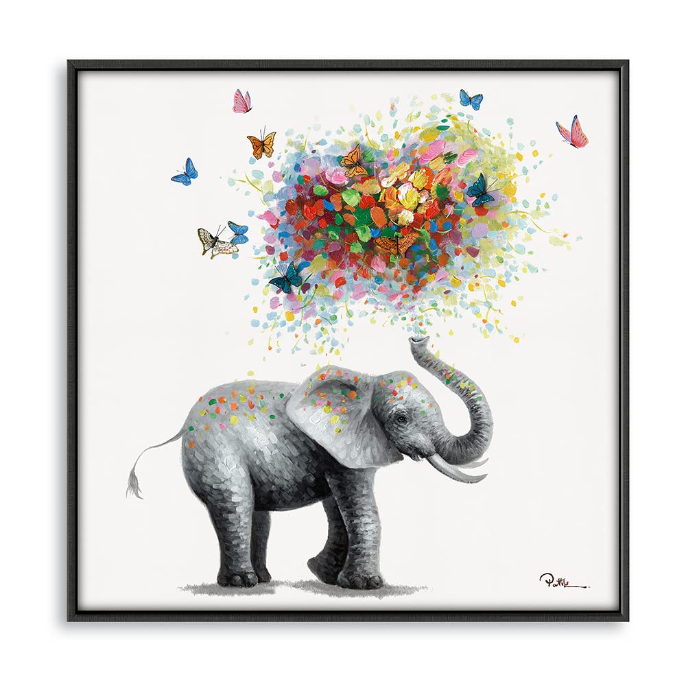 Butterfly Elephant Wall Art Print: Colorful Heart Shaped Balloon for Kids' Nursery Wall Decor Canvas Framed Ready to Hang (20"x20",Black framed)