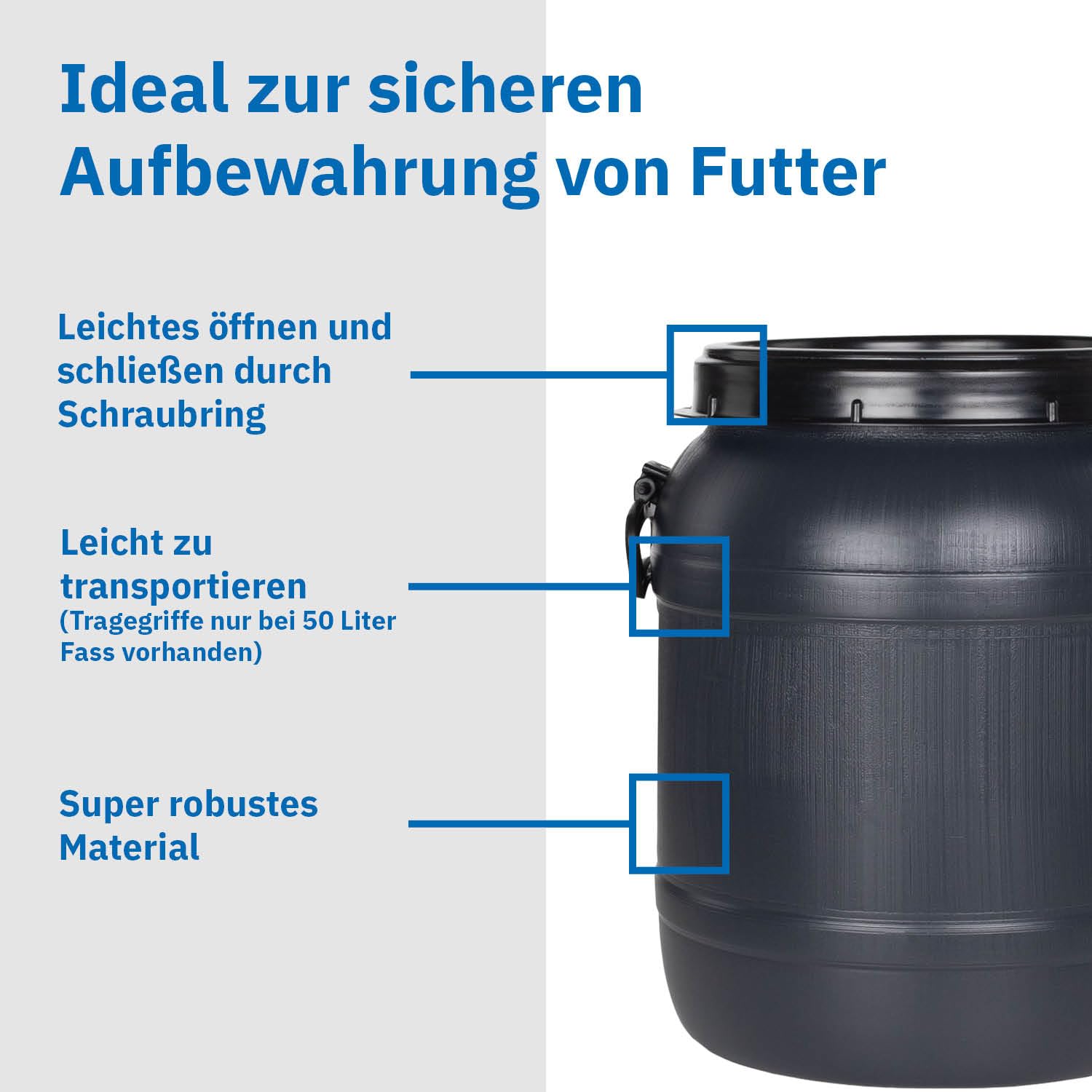 DIE BOX FABRIK Futtertonne schwarz 31 Liter mit Schaufel | Lebensmittelechtes Weithalsfass mit Schraubdeckel | Luftdicht & wasserdicht | Maischefass (31 Liter)
