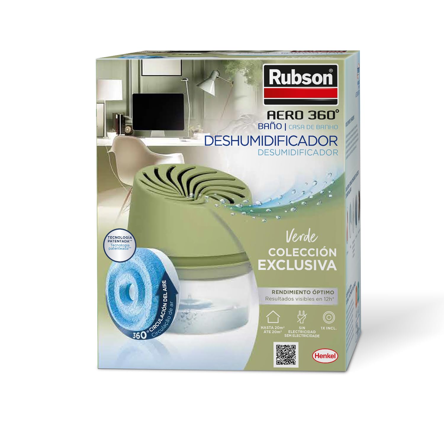 Rubson AERO 360º Deshumidificador portátil antihumedad (1 aparato y 1 tableta 450 g), absorbe humedad que previene la condensación, el moho y los malos olores, color verde oliva