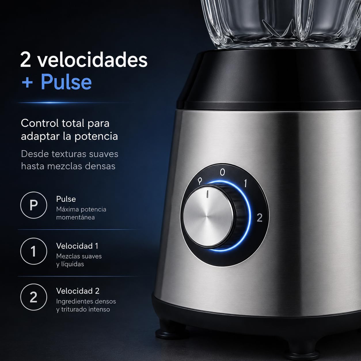 Batidora de Vaso 1500W, Jarra Cristal 1,5L y 6 Cuchillas de Titanio | 2 velocidades + Pulse, base de acero inoxidable y piezas aptas lavavajillas