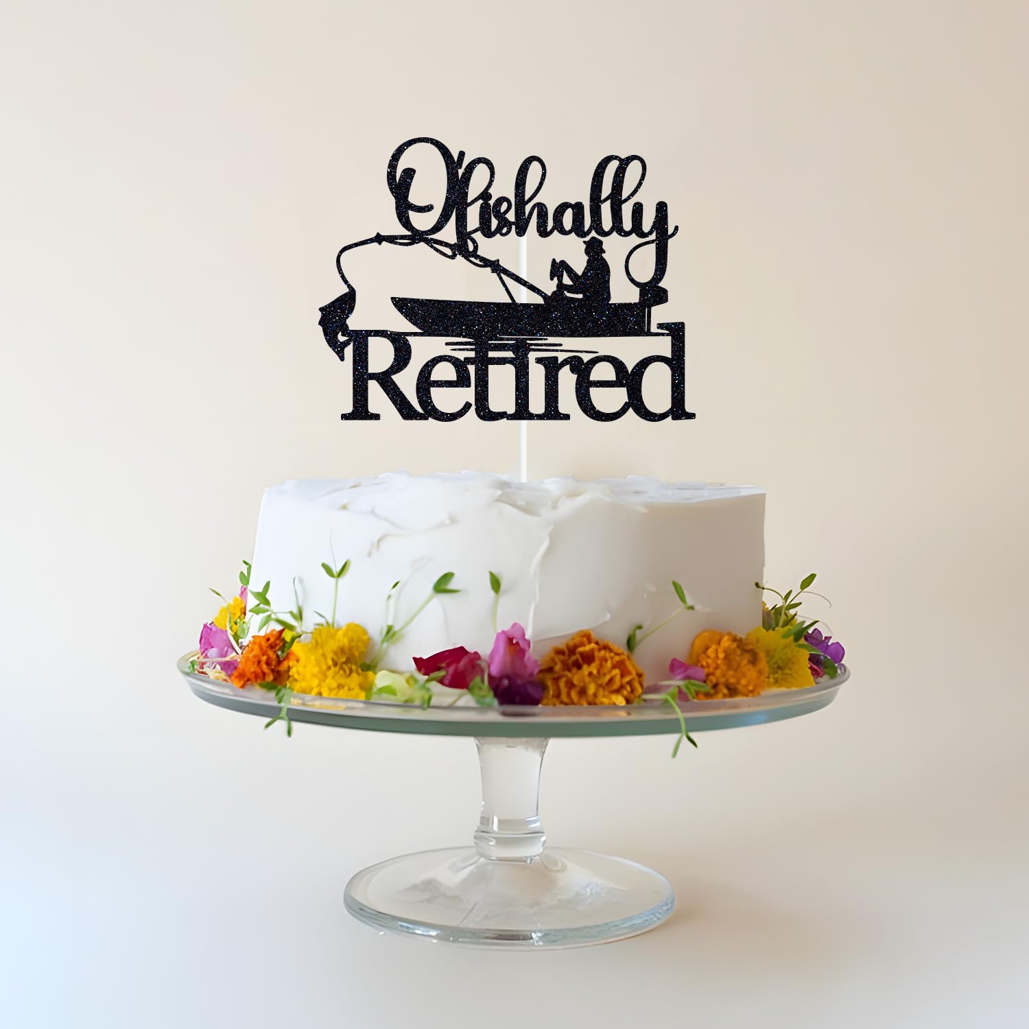 "Ofishally Retired" Cake Topper - Fishing Theme Funny Retirement Party Decor, Black Glitter - View #7