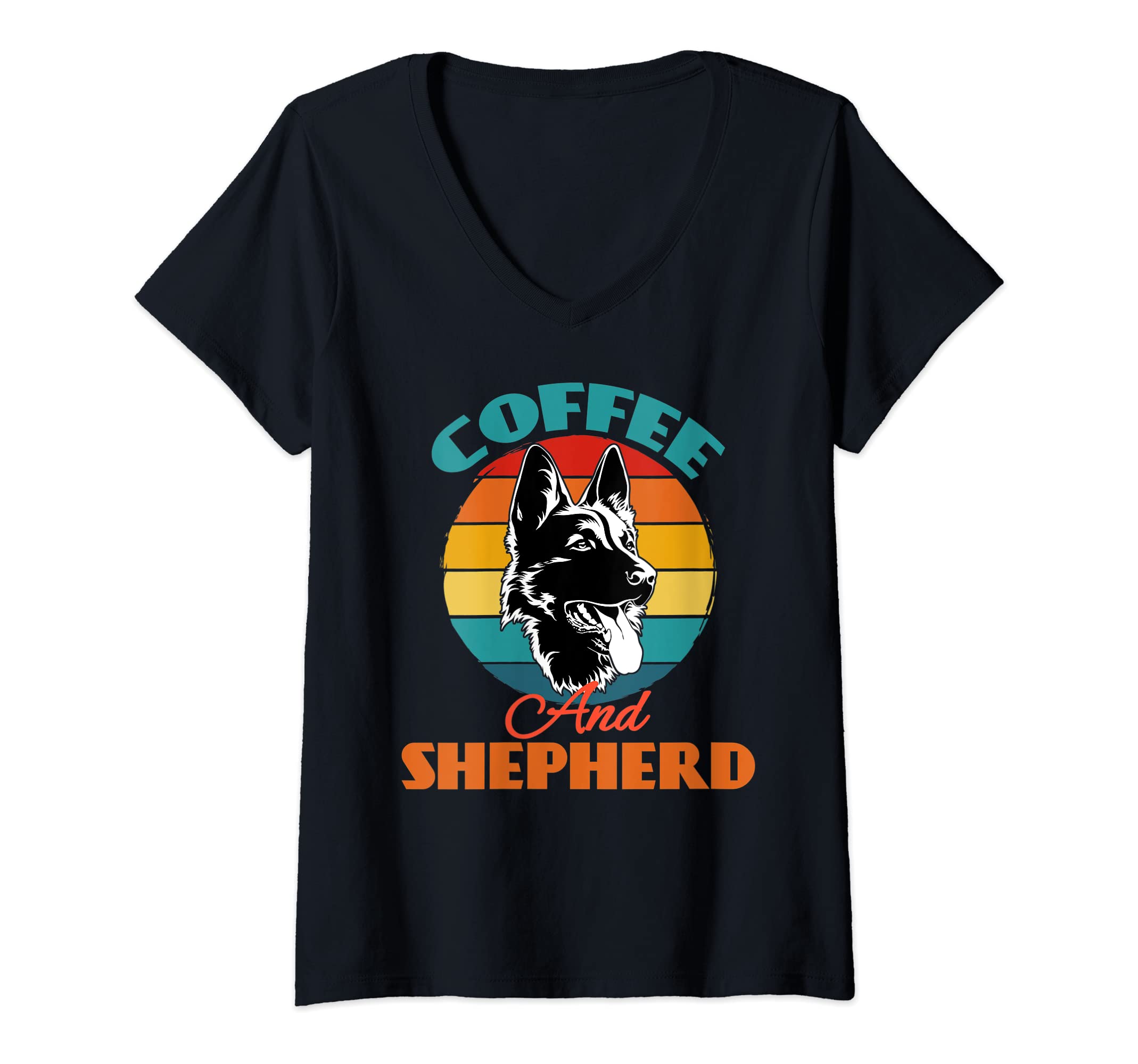 Womens Coffee And Shepherd Dog Lover Cute Retro Sunsen V-Neck T-Shirt