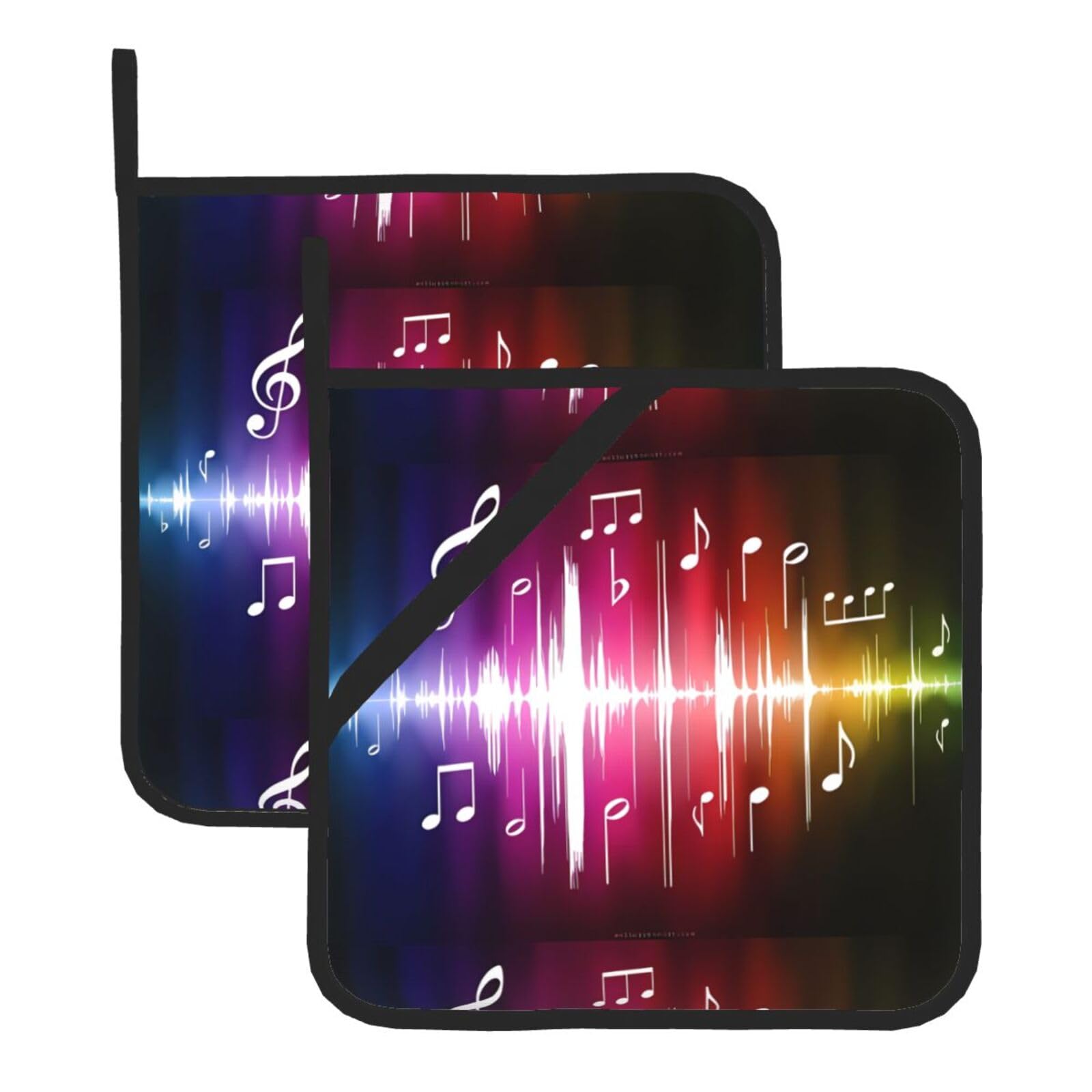 WHJSHOP Music Prints Square Hot Pads for Kitchen - Waterproof Pot Covers with Hanging Loops - Thick Heat Resistant Trivets for Serving & BBQ, 2-Piece Set