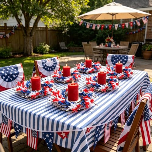 Image of 4 PCS Patriotic American Candle Rings Wreaths 4th of July Red White and Blue Floral Candle Rings Holder with Forsythia Flowers Mini Independence Day Wreath for Party Home Table Centerpiece Decor