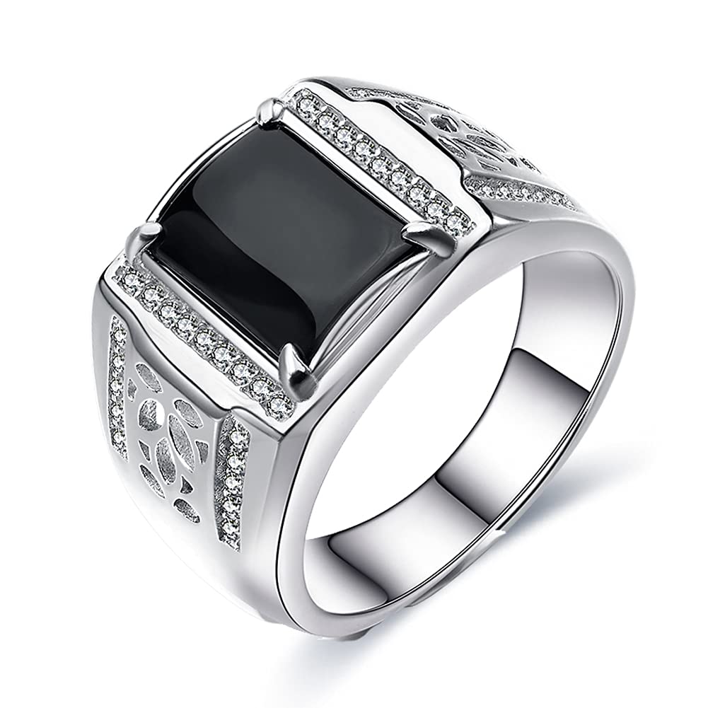 JIANGXIN Solitario para Hombre Anillo plata ley de Compromiso clásico de Bodas con Ágata negra,hecho a mano joyería única para Hombre，mejor regalo con Hermosa Caja de Regalo