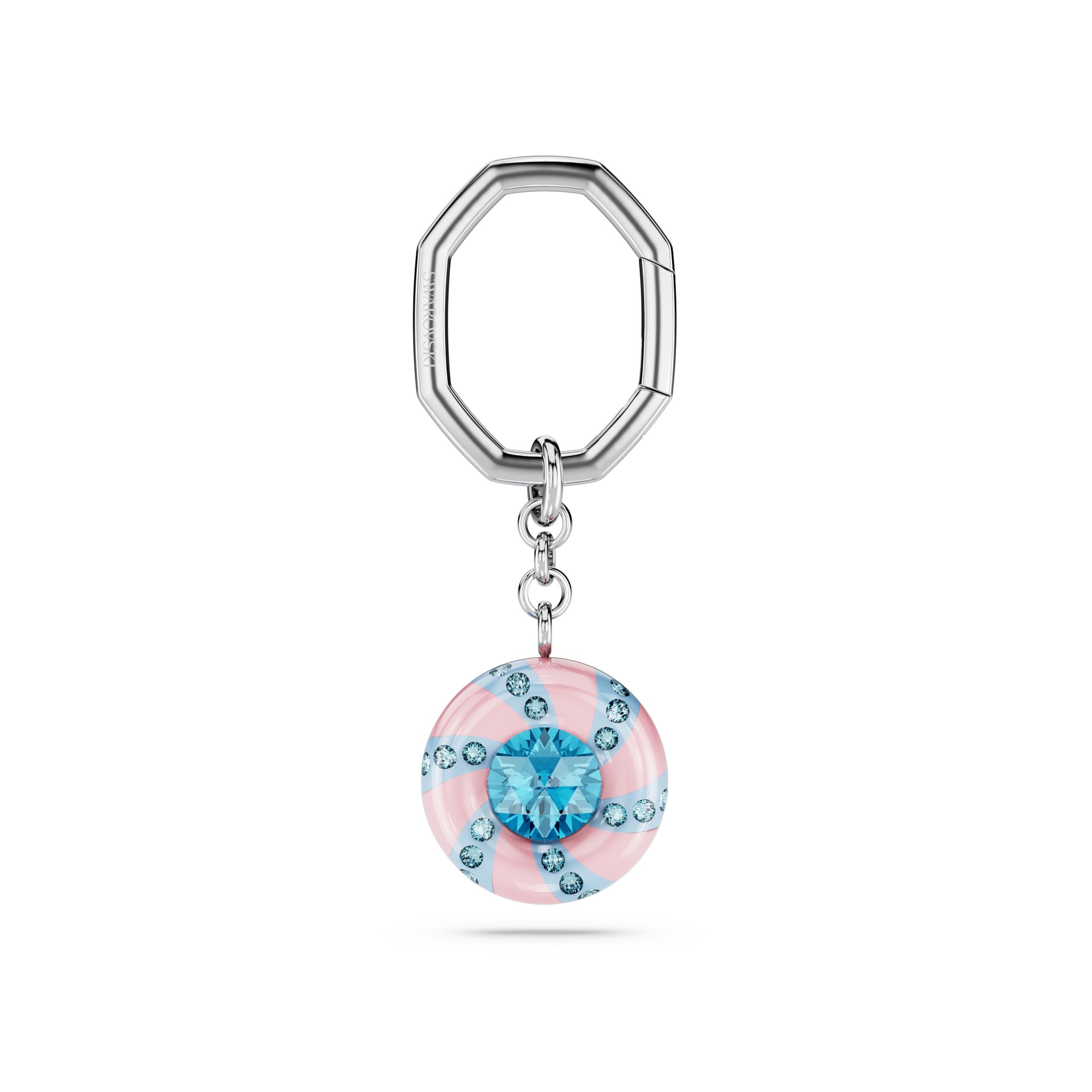 Swarovski Dulcis Schlüsselanhänger, Bonbonfarbener Anhänger mit rundem Kristall und Süßem Streifen-Design an Rhodiniertem Schlüsselring Kristallen in Blau, Größe: 8.1 x 2.8 cm