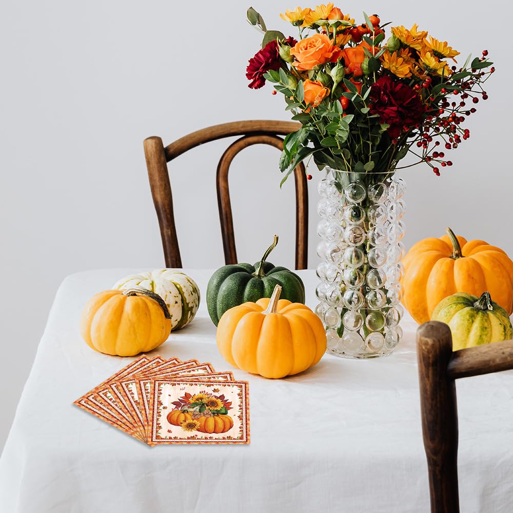 Homlouue 100 Tovaglioli Di Carta 3 Veli – Tema Autunno, Zucca E Girasole – Perfetti Per Ringraziamento E Feste A Tema