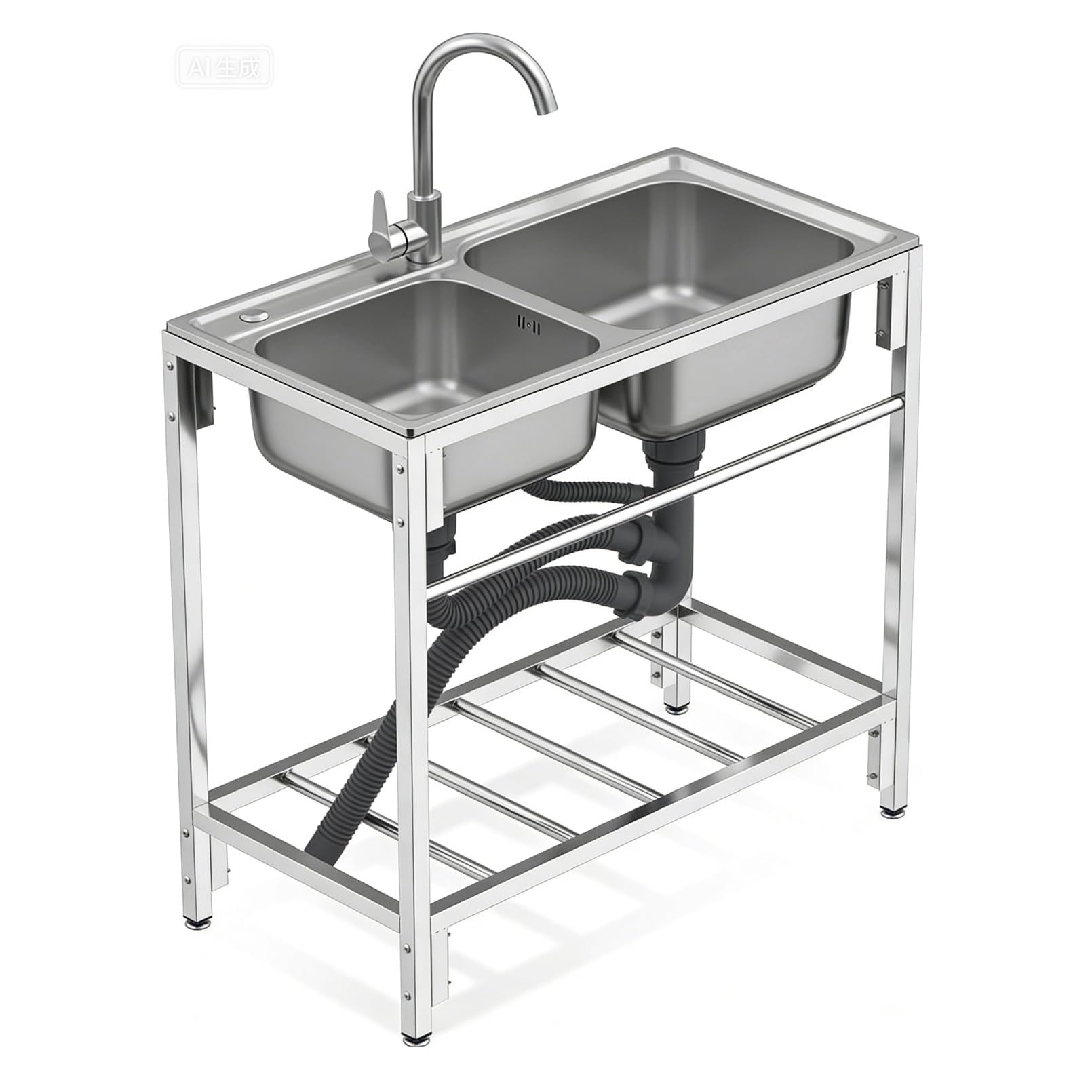 Edelstahl-Spülbecken mit Zwei Becken, freistehend, mit Kalt- und Warmwasseranschluss, für Garten, Küche, Waschküche, Garage und Außenbereich
