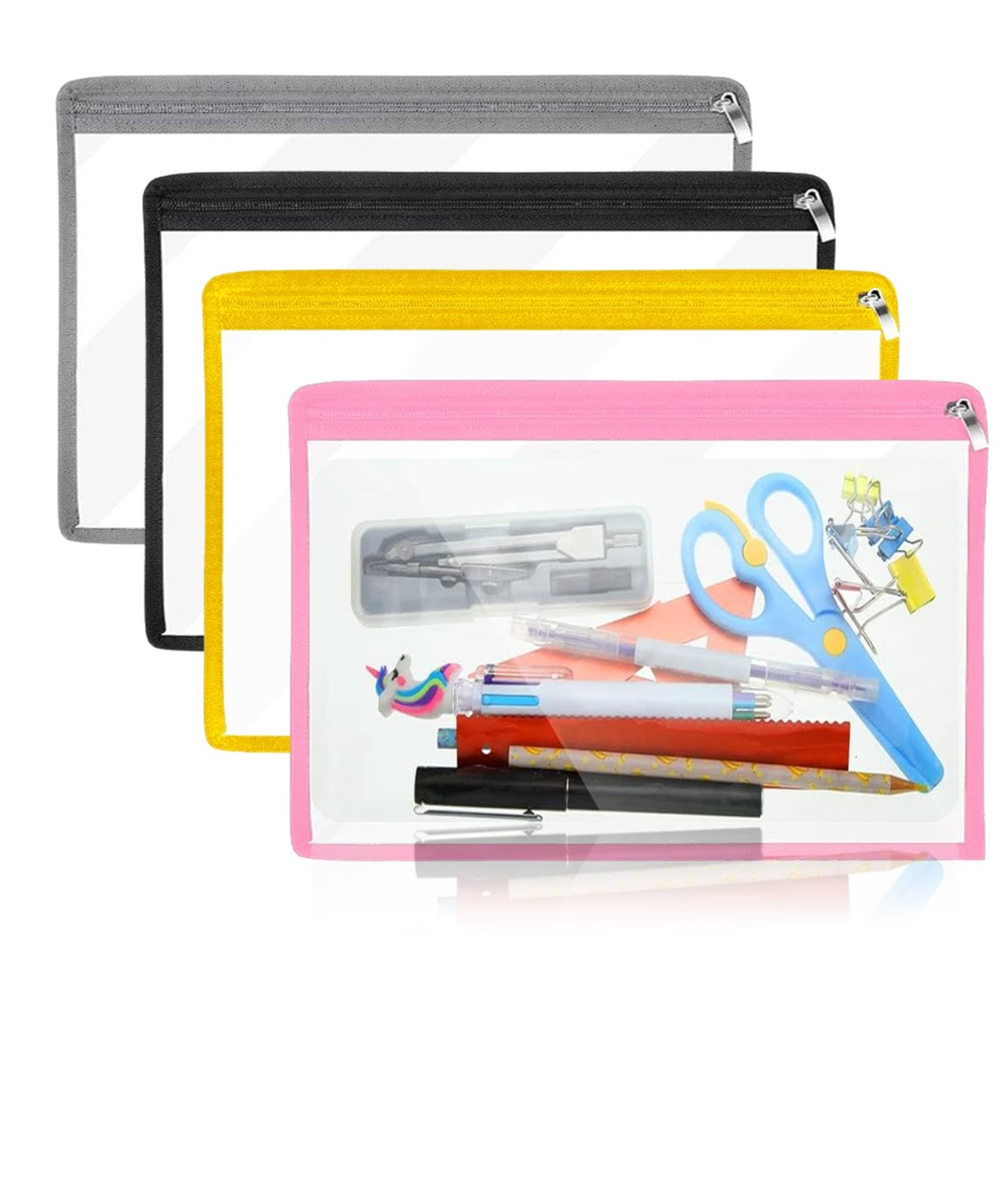 PVC Clear Zipper Waterproof Pouches Pencil Pouchs Makeup Pouch Envelopes Folder Storage Multi Purpose, Office Supplies- 4 Piece Pack (Black, Grey, Yellow & Baby Pink (1-1Pcs))