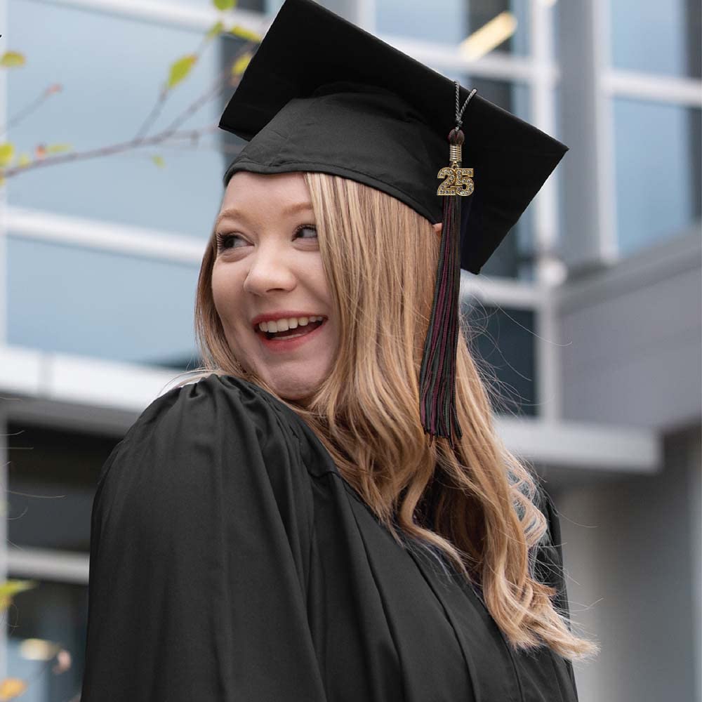 Endea Graduation Borla de doble color mezclada con encanto dorado (negro/granate, 2025)