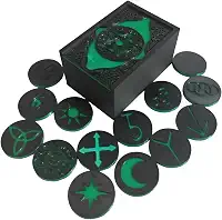 Caixa de Runas das Bruxas Preta com Pentagrama, 14 Peças com Símbolos Verdes, Conjunto de Runas Místicas para Adivinhação
