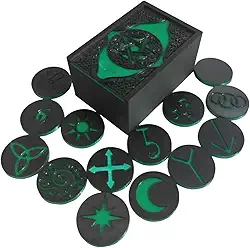 Caixa de Runas das Bruxas Preta com Pentagrama, 14 Peças com Símbolos Verdes, Conjunto de Runas Místicas para Adivinhação