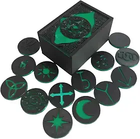 Caixa de Runas das Bruxas Preta com Pentagrama, 14 Peças com Símbolos Verdes, Conjunto de Runas Místicas para Adivinhação