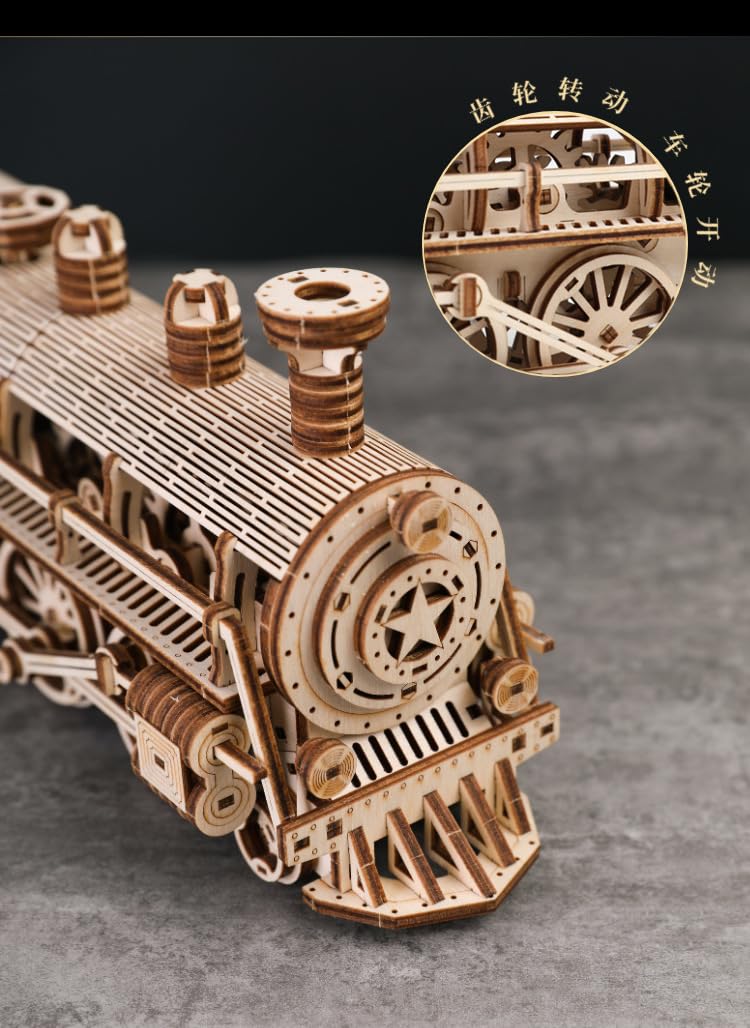 DIY drewniany pociąg parowy lokomotywa zestaw modeli 3D montaż trudny montaż model mechaniczny prezent grafika 30 cm długość