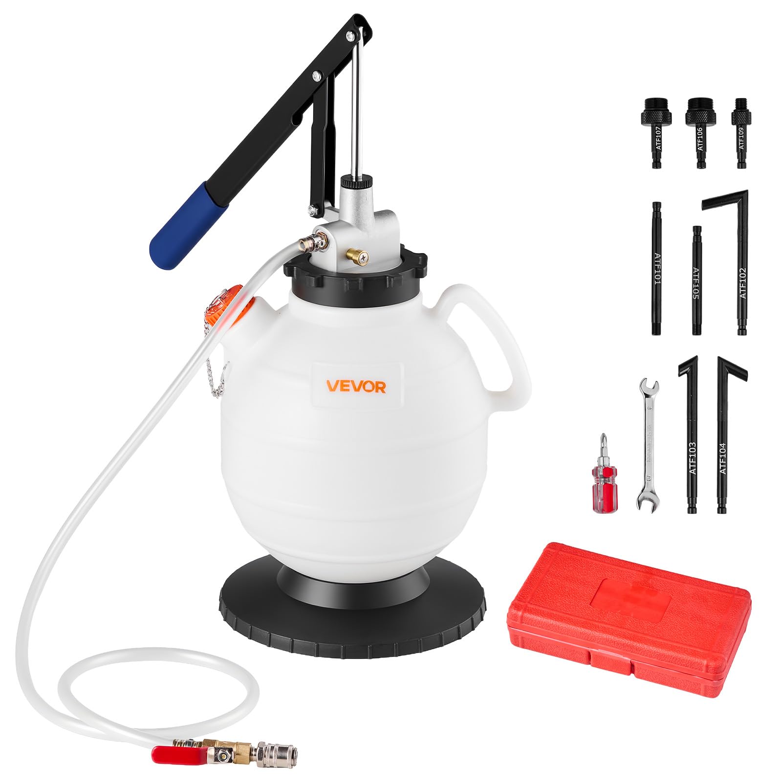 VEVOR Getriebeölpumpe, 7,5 L Fassungsvermögen, Manuelles ATF-Öleinfüllgerät mit 8 ATF-Adaptern & 120 cm Auslass, Ölabsaugpumpe mit HDPE-Tank für Autos & Rasenmäher