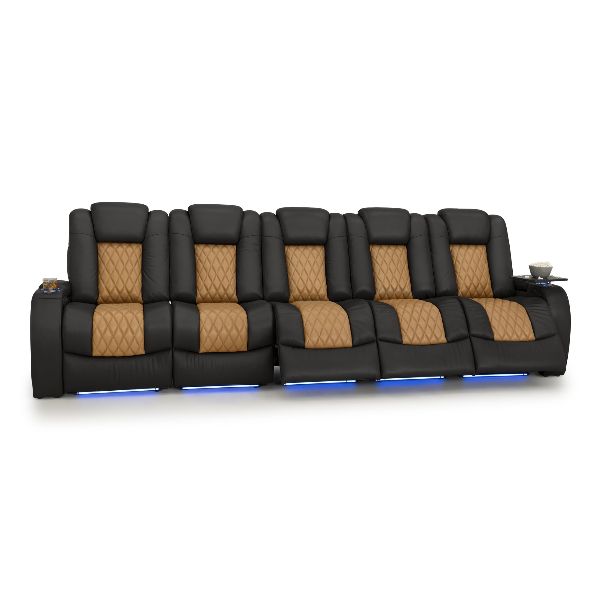 Seatcraft Diamante Home Theater Seating Black/Tan Oak Row of 5 Sofa