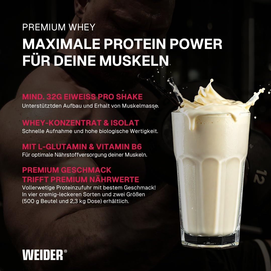Weider Premium Whey Protein Pulver - Hoher Proteingehalt, wenig Kohlenhydrate & wenig Fett mit L-Glutamin und Vitamin B6-2,3kg - Vanilla Ice-Cream