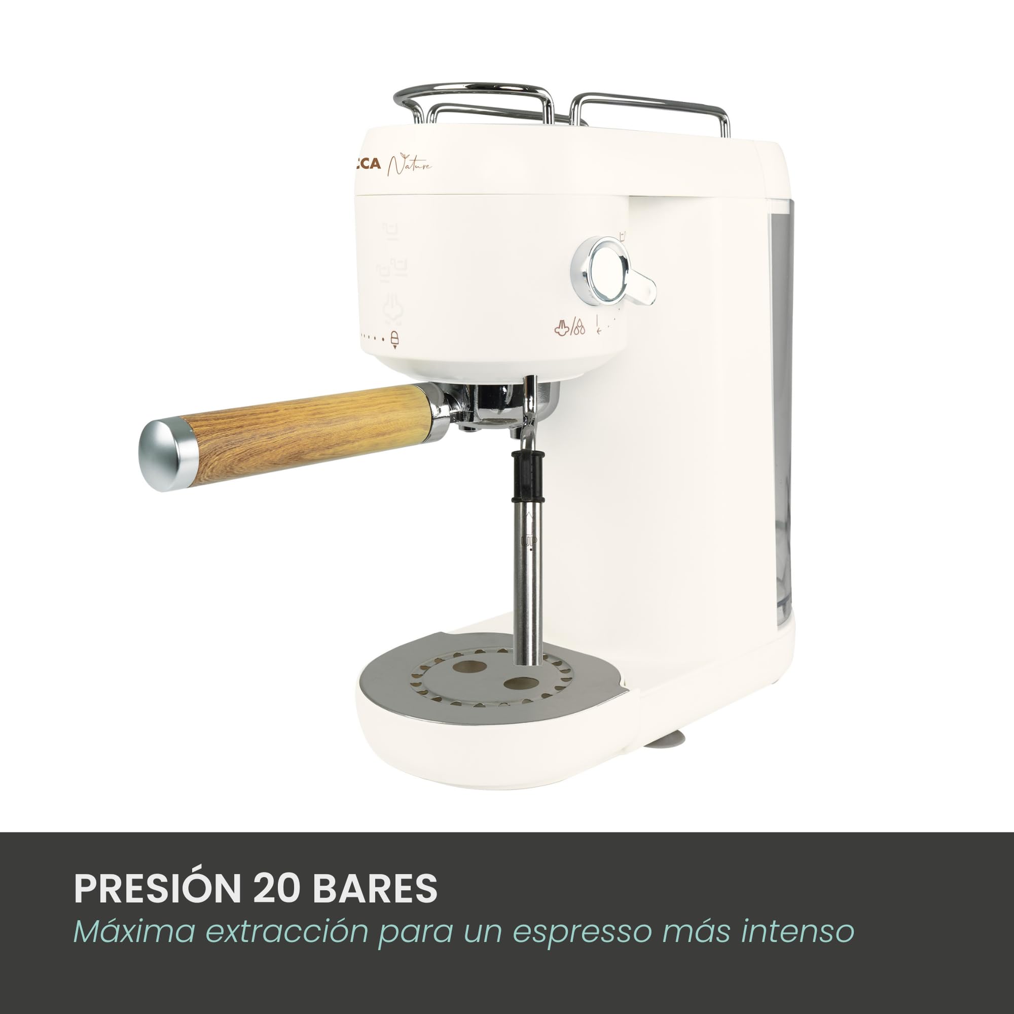 Jocca - Cafetera Espresso 20 Bares con Vaporizador, 1400W, Depósito 1L, Botones Táctiles Iluminados, Calentador de Tazas y Termobloque de Calentamiento Rápido